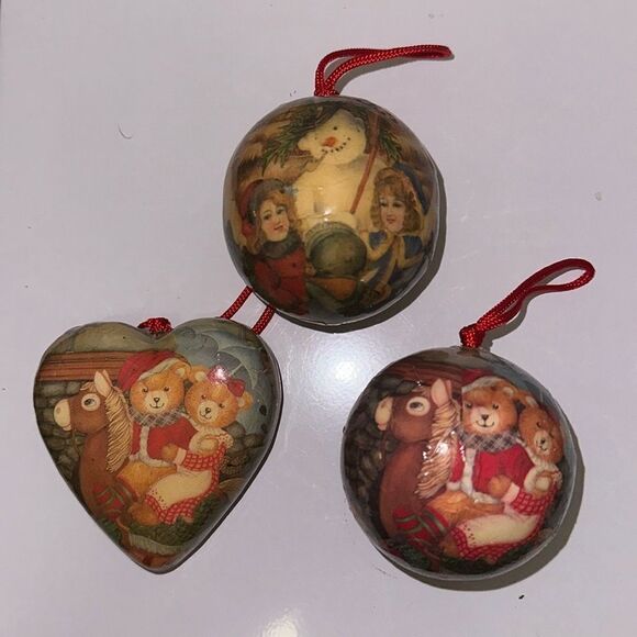 Lot of 3 paper decoupaged Christmas tree ornaments with teddy bears & snowmen - Picture 1 of 8